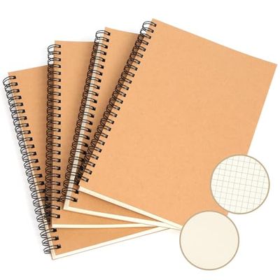 HAKACC A5 notitieblok, 4 notitieboeken (2 ruitjes + 2 blanco), 80 vellen per boek, ideaal voor projectplanning, studienotities en creatieve schetsen