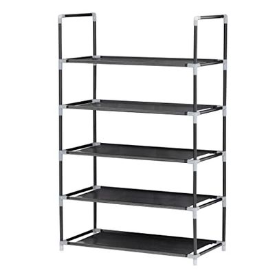Baroni Home Scarpiera Salvaspazio in Tessuto non Tessuto, Mobile per Scarpe con Struttura in Ferro per Camera da Letto, Cabina Armadio, Corridoio, Nero, 5 Ripiani, 57x28x92