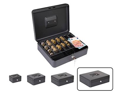Arregui Elegant Cash C9644-EUR Caja Caudales con Llave para Contar y Transportar Dinero, Caja de Seguridad de acero con bandeja organizador de Monedas, Caja fuerte portatil, Negro, 30 cm de ancho