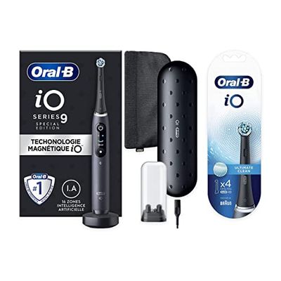 Oral-B iO Series 9 Brosse à Dents Électrique + Brossettes de Rechange (Pack de 4), Édition Spéciale, Connectée Bluetooth, 7 Modes de Brossage, 1 Étui De Voyage, 1 Pochette, Noir