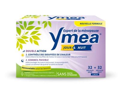 Ymea Jour & Nuit - Complément Alimentaire ménopause1 - actifs végétaux et vitamines - contrôle des bouffées de chaleur1 et sommeil paisible2,3 - 64 gélules - 1 mois