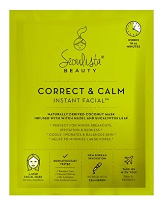 Seoulista Beauty® Correct & Calm Instant Facial™ 25ml | Soothing Face Sheet Mask For Oily and Combination Skin | Dermatologist Created Korean Skin Care | Infused with Witch Hazel Eucalyptus Leaf