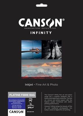 Canson Infinity Platine Fibre Rag, Papéis digitais ''vintage', ultra macio e brilhante, 310 g, folha, A4-21 x 29,7 cm, branco puro, 10 folhas
