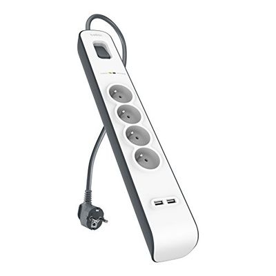 Belkin BSV401CA2M Extensão de proteção contra picos de tensão (4 tomas, 525J, cabo de 2 m, 2 portas USB), branco e cinzento