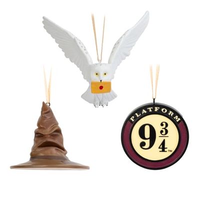Grupo Erik Christmas Ornaments - Harry Potter Gifts | Christmas Tree Decorations Set Of 3 - Sorting Hat, Platform 9 3/4, Hedwig - Harry Potter Merchandise, Xmas Decorations For Tree