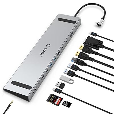 TOTU 13 en 1 USB C Docking Station con Dual 4K HDMI, VGA, 82W PD, 4 USB, Laptop Stand para MacBook y Soporte de Pantalla Triple en Windows con Thunderbolt 3