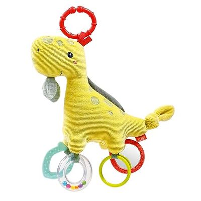 Fehn Juguete de actividades Dino, Juguete de motricidad con anillo de sujeción, Juguete para bebés con elementos de agarre, Juguete para agarrar y descubrir, Peluche para bebés y niños pequeños