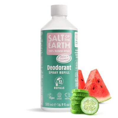 Natural Deodorant Spray Refill by Salt of the Earth, Melon & Cucumber - Vegan, Long Lasting Protection, Leaping Bunny Approved, Made in the UK - 500ml