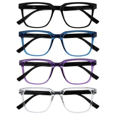 OPULIZE LEO Reading Glasses - 4-Pack - Large Rectangular Frame - Black, Blue, Purple, Clear - Mens Womens - Spring Hinges - RRRR55-135C - +2.00