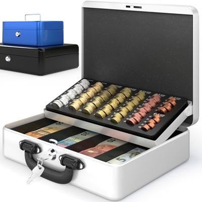 Caja Fuerte Portátil - Premium, Grande, Con portamonedas, Contador de monedas - Caja metálica con llave, Caja caudales, Caja dinero, Caja de caudales - Blanco - ACROPAQ