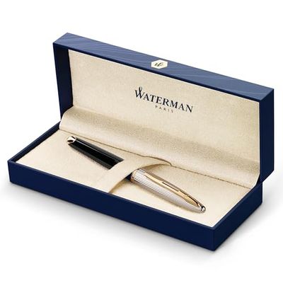 Waterman Carène Deluxe stylo plume | noir brillant et plaqué argent avec clip doré à l’or 23 k | plume fine | cartouche d'encre bleue | coffret cadeau