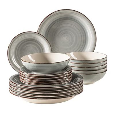 MÄSER 931875 Bel Tempo II Lot de 18 assiettes en céramique peinte à la main pour 6 personnes au look vintage moderne Bleu fumé