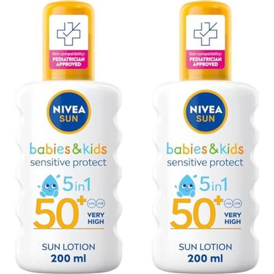 NIVEA SUN Kids Protect & Sensitive Spray (200ml) Sunscreen Spray with SPF 50+, Kids Suncream for Sensitive Skin, Immediately Protects Against Sun Exposure (Pack of 2)