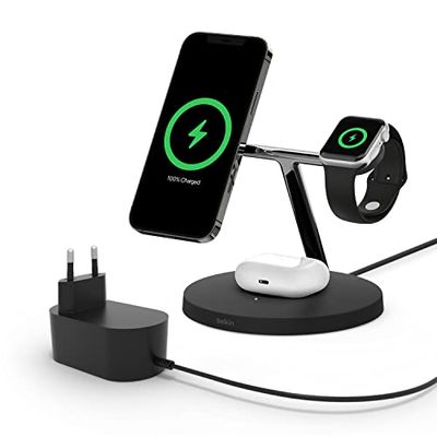 Belkin MagSafe 3-in-1 draadloze lader voor iPhone 15 + Apple Watch + AirPods (Magnetische lader voor het opladen van iPhone 14-modellen met tot 15 W) - Zwart