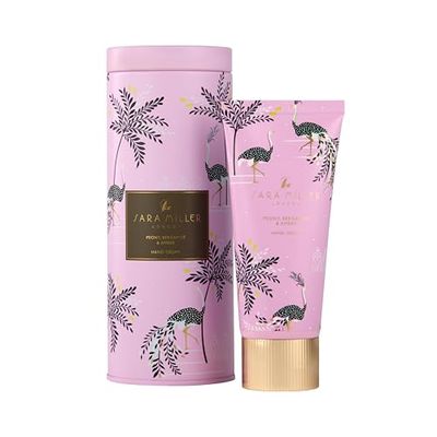 Sara Miller London Hand Cream 100ml in Ostrich and Palms Tin, Shea Butter, Scented with Bergamot and Amber, Beauty Gift For Her, Travel Size Hand Moisturiser, Cruelty and Vegan Friendly