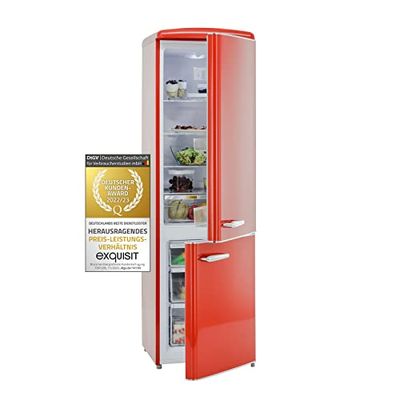 Exquisit® Frigorífico Combi Retro, 244L, Clase E, Color Rojo, Cajón Verdulero, Altura Regulable, Tiradores Retro, Estantes de Cristal, Consumo 202 kWh/año, Medidas 183x54,5x57,5 Cm