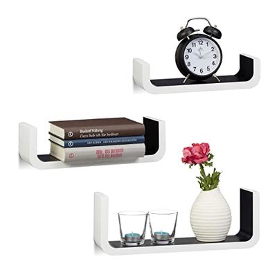 Relaxdays Wandrek, set van 3, decoratieve U-vormige wandplanken, kleine plankplanken, 10 cm diep, tot 40 cm breed, wit-zwart