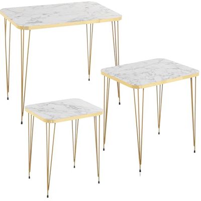 DRW Set de 3 Tables d'appoint en Bois et métal doré et Blanc Effet marbre 60 x 37 x 53, 45 x 37 x 49 et 37 x 29 x 45 cm, 60x37x53, 45x37x49 y 37x29x45cm