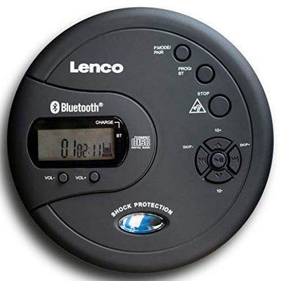 Lenco CD-300 - Lecteur CD Portable Walkman - Bluetooth - Fonction MP3 - Antichoc - 2 Batteries 2000 mAh - Casque - Câble de Charge Micro USB - Noir