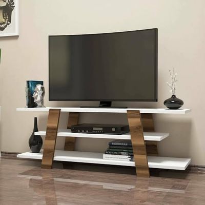 Dmora - Meuble TV Mir, Buffet de Salon, Armoire Basse pour TV, Base Murale équipée, 120x34h42 cm, Noyer et Blanc
