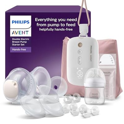 Philips Avent startset med handsfree-bröstpump, motor med sjukhusstyrka, efterliknar barnets drickrytm, pumpar upp till 85 gånger per minut, med matnings- och förvaringsprodukter, modell SCD553/11