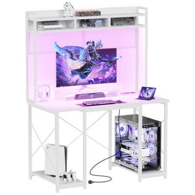 JUMMICO Gaming tafel, bureau, 120 x 60 x 162 cm, met USB-aansluiting en stopcontact, bureau, computertafel met plank en monitorstandaard, led-verlichting, pc-tafel voor thuiskantoor, wit