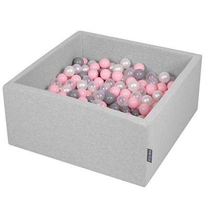 KiddyMoon Bollbad 90 x 40 cm/300 bollar Ø 7 cm bollpool med färgglada bollar för spädbarn barn kvadrat, ljusgrå: pärla/grå/transparent/rosa