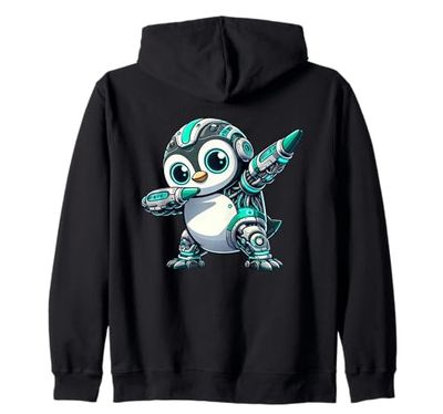 Cool Cartoon Robot Penguin Astronaut Dabbing Mech Zip Hoodie