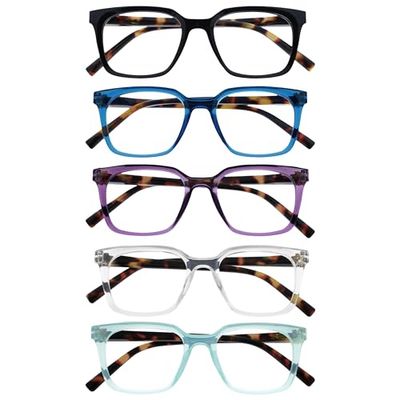 OPULIZE KOI Reading Glasses 5 Pack - Large Rectangular Frame - Black-Blue-Purple-Clear-Aqua - Mens Womens- Spring Hinges - RRRRR50-135CQ - +3.00
