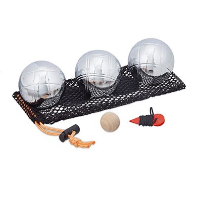 Relaxdays Boule, 3 metallkulor, set med målkula och avståndsmätare, bärnät, Boccia-spel, silver/svart