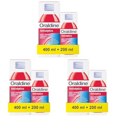 Oraldine, Colutorio De Uso Diario Líquido, Antiséptico y Antifúngico, Previene Gingivitis y Aftas, Pack de 400 ml y 200 ml (Paquete de 3)