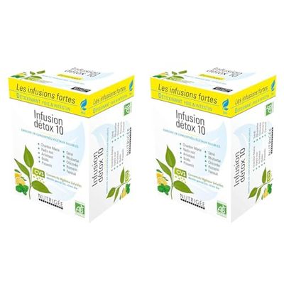 Infusion Détox 10 Bio • Détoxinant Foie & Intestin • Huiles essentielles Menthe Poivrée & Citron • Issue de l’agriculture Bio • 30 sachets • Fabriqué en France • Nutrigée (Lot de 2)