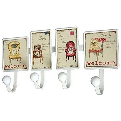 DRW Appendiabiti da parete in ferro con 4 ganci bianco stile vintage con poltrone 5x12x40 cm
