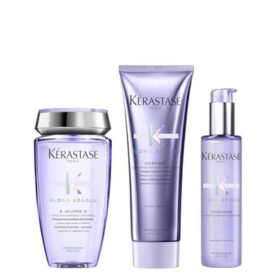 Kérastase, Blond Absolu, Routine Riparatrice, Per Capelli Danneggiati, Biondi & Decolorati, Con Acido Ialuronico, Shampoo Bain Lumière + Balsamo Cicaflash + Trattamento Cicaplasme