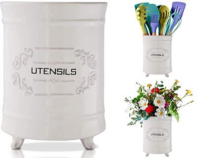 Porta utensilios de cerámica francesa - Cesta de utensilios de cocina de estilo vintage - Organizador de utensilios de cocina de diseño antiguo - Utensilios de campo para cocinar Enthuziast - blanco
