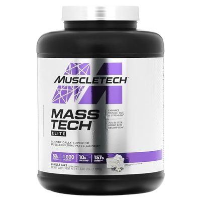 MuscleTech MassTech Elite Protein Powder, Weight & Muscle Mass Gainer, Whey Isolate Mass Protein Powder With 3g Creatine, 80g Protein, 18g BCAA, 14 Servings, 3.2kg, Vanilla Cake