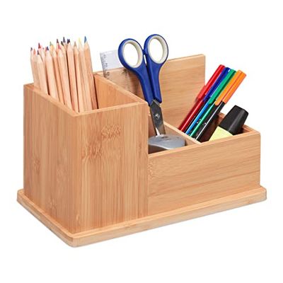 Relaxdays Bamboo Organiser Box 3 Compartments, Narrow, Storage for Kitchen, Bathroom, Office, HWD: 14x24.5x14 cm, Brown