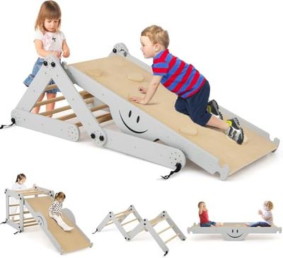 FANTASK Equipo de Escalada de Madera Gris, triángulo de Escalada Interior Multifuncional con rampa Reversible, balancín, Escalador Ajustable para niños a Partir de 3 años