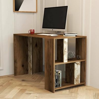 Dmora - Bureau Schedar, Pupitre Polyvalent, Table de Bureau pour PC, Plan de Travail, 120x60h75 cm, Noyer et Marbre Blanc