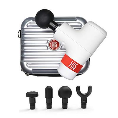 Hi5 General Trilmassageapparaat, diepweefsel, massagepistool, massage-pistool voor afvallen na sport, nek, schouders, rug, ontspannen, rustig werking, 4 massagekoppen wit, met hardcase