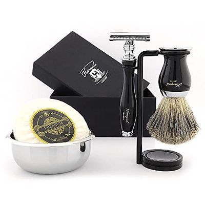 Haryali London Kit da barba 5 pezzi, rasoio di sicurezza a doppio bordo, spazzola di tasso di colore nero, sapone, ciotola, supporto, set come regalo, 1 g