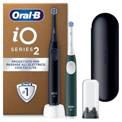 Oral-B iO 2 DUO Spazzolino Elettrico Oral B, Nero e Verde, 2 Testine Di Ricambio e Spazzolini, Custodia Da Viaggio, Porta Ricarica Da Viaggio. Delicato sulle Gengive, Sensore di Pressione