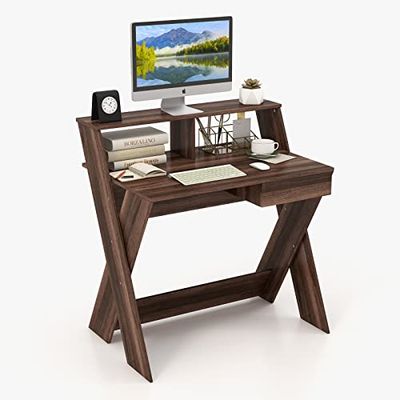 COSTWAY Bureau, Métal Bois, Noyer, 90 x 61 x 94 cm