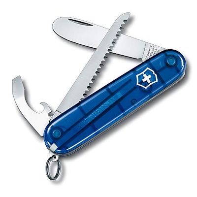 Victorinox, My First Victorinox, Coltellino Svizzero, Originale, Multiuso, Campeggio, 9 Funzioni, Lama, grande with rounded tip, Apriscatole, Blu trasparente