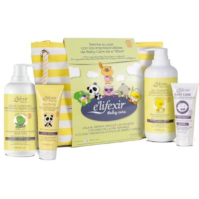 Elifexir Baby Care | Coffret Cadeau pour Bébés | Gel Shampooing (500 ml) + Lait Corporel Hydratant (400 ml) + Crème pour le Change (75 ml) + Crème Visage (50 ml) + Trousse de Toilette