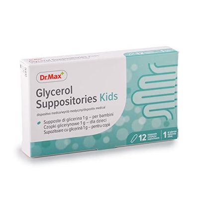 Dr.Max Glicerina Bambini - 12 Supposte da 1 g di Glicerina per Bambini 1+, Trattamento Della Stitichezza Occasionale, Effetto Lassativo Delicato, Stimola l'Intestino e Protegge la Flora Intestinale