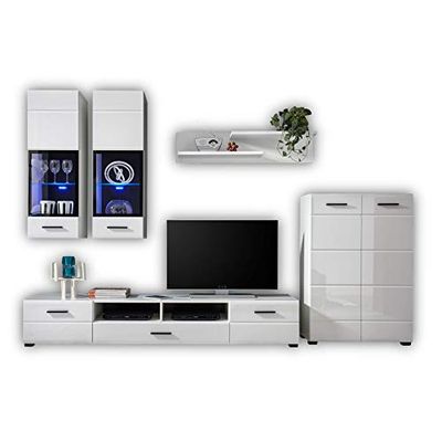 Stella Trading Alaska - Conjunto completo branco brilhante, moderno armário de parede com iluminação led azul para a sua sala de estar, 285 x 190 x 40 cm (largura x altura x profundidade), madeira, 4