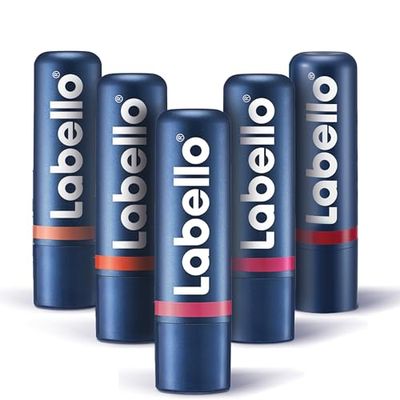Labello Caring Beauty Lip & Cheek Burrocacao labbra e guance, Balsamo labbra colorato e blush stick nelle tonalità Nude, Coral, Pink Nude, Pink e Red, 5 lip balm da 4.8 g – Kit Esclusiva Amazon