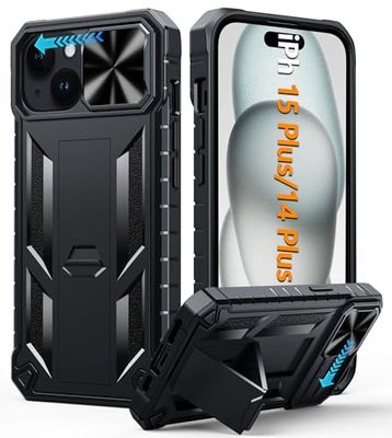 FNTCASE voor iPhone 15 Plus-hoesje: robuuste militaire kwaliteit, volledige bescherming, schokbestendige beschermhoes met standaard | TPU getextureerde zware harde bumper telefoonhoes voor iPhone 15