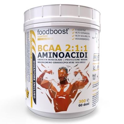 foodboost® AMINOACIDI RAMIFICATI BCAA 2 1 1 300 g Polvere 100% Pura - Integratore Amino 2.1.1 con Leucina, Isoleucina e Valina Pre Post Workout CON DOSATORE ok per Shaker palestra